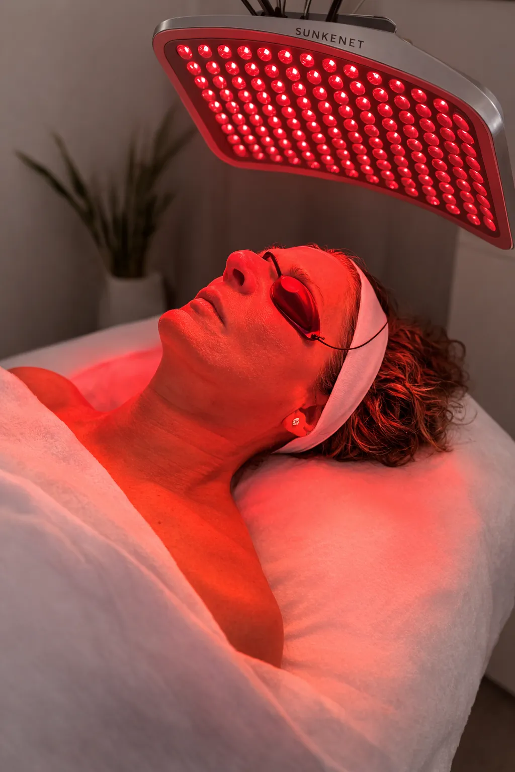 Client under the red LED light therapy panel